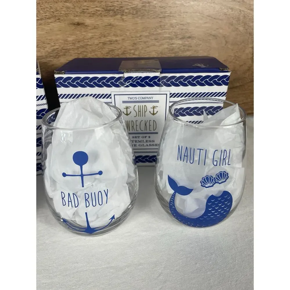Two's Company Ship Wrecked Stemless Wine Glasses Set 4 Nauti Girl Bad Buoy New